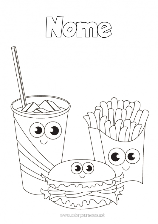 Página de desenho para imprimir Kawaii Comida Bebida Refrigerante Hambúrguer Batatas fritas