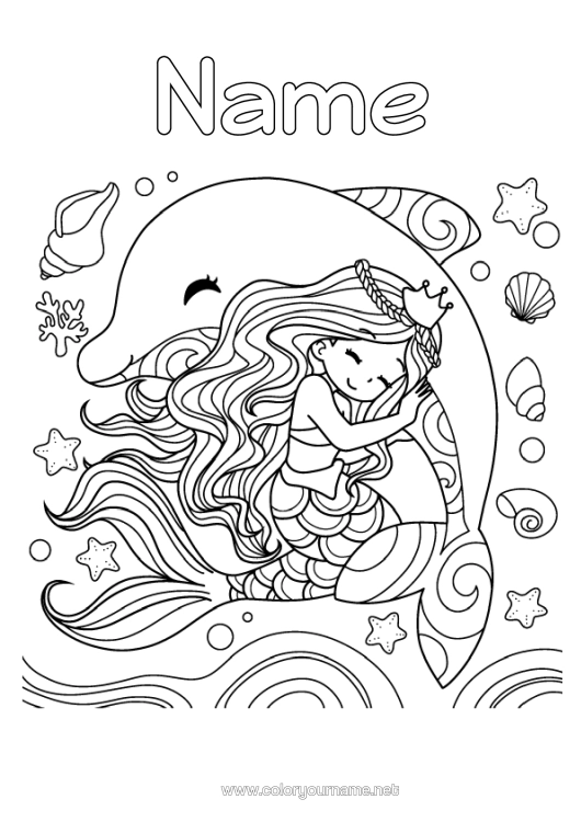 Colouring page to print Cute Princess Sea Animal Dolphin Siren Fairy Tale Shellfish Marine Or Aquatic Animals Hug