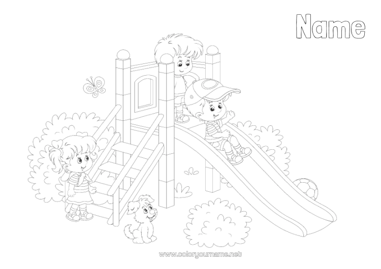 Colouring page to print Girl Boy Summer Child Games And Toys Outdoor Games Sledge Playground