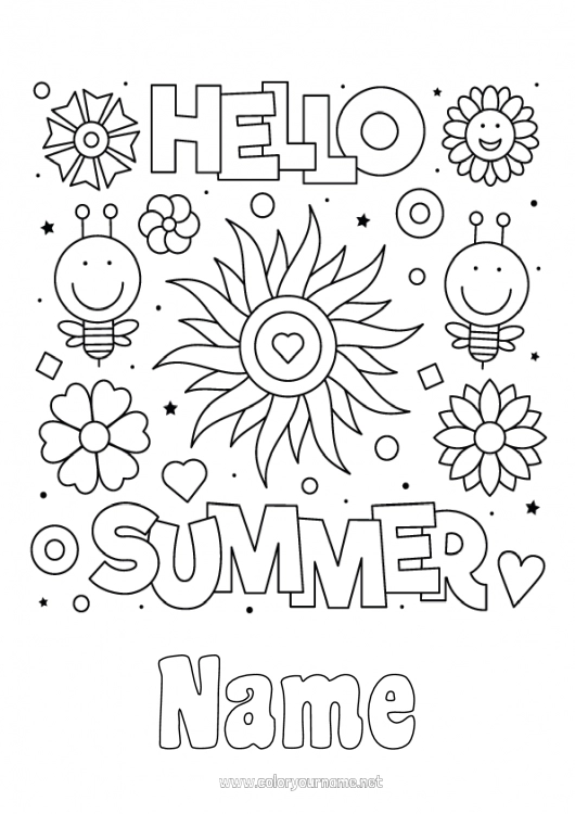 Coloring page to print Flowers Summer Sun Bee Insects