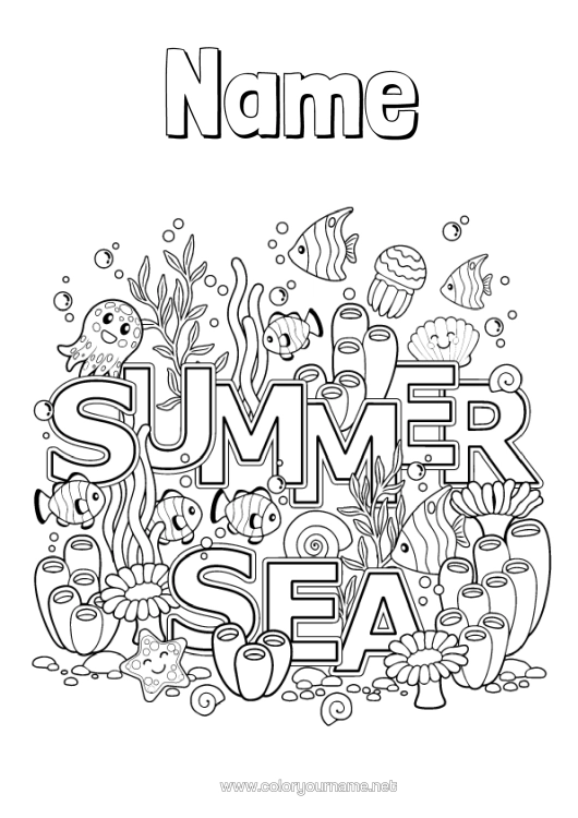 Colouring page to print Summer Sea Animal Fish Anti-Stress Marine Or Aquatic Animals