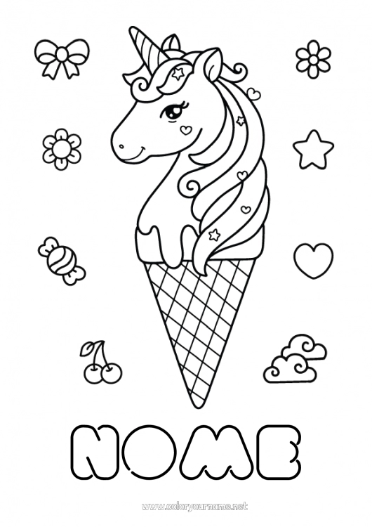 Pagina da colorare da stampare Kawaii Unicorno Dolci, zuccherini Gelato Disegni intermedi Draghi, unicorni e animali fantastici