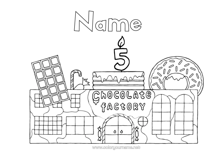 Colouring page to print Candle Cake Birthday Chocolate Treats, Sweets Customisable Age Celebrated