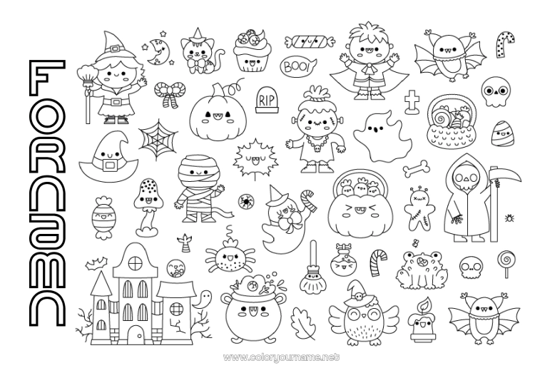 Färgläggningssida att skriva ut Godis Spöke Pumpa Magisk kittel Halloween