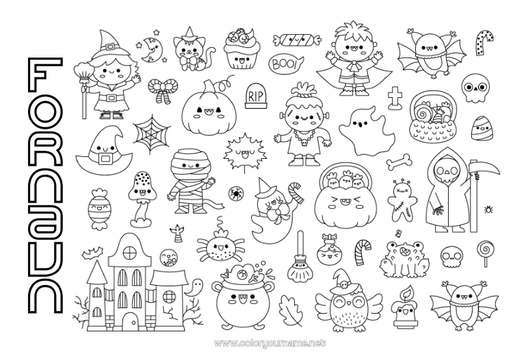 Fargeleggingssiden til utskrift Godteri Spøkelse Gresskar Magisk kjele Halloween