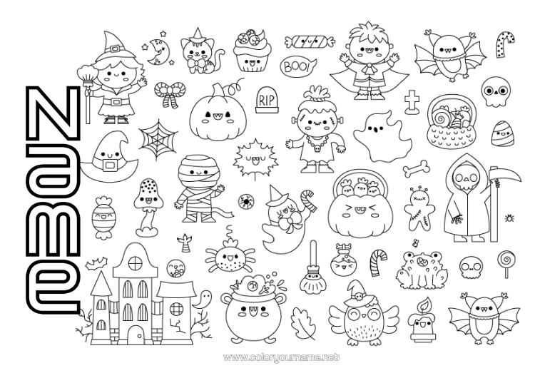 Colouring page to print Sweets Ghost Pumpkin Magic Cauldron Halloween