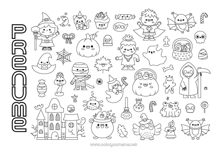 Pagină de colorat de imprimat Bomboane Fantomă Dovleac Cazan magic Halloween
