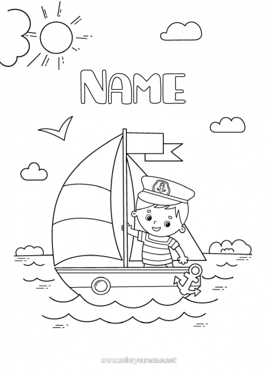 Coloring page to print Summer Sea Boat Sailing boat Sailor Maritime vehicles Fisherman Sea jobs