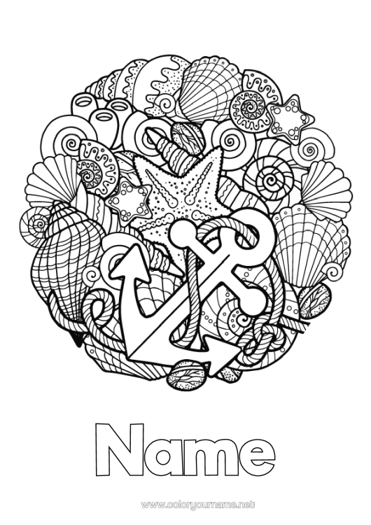 Colouring page to print Calm And Zen Mandala Summer Sea Shellfish Complex Colouring Pages Anti-Stress Marine Or Aquatic Animals Marine Anchor