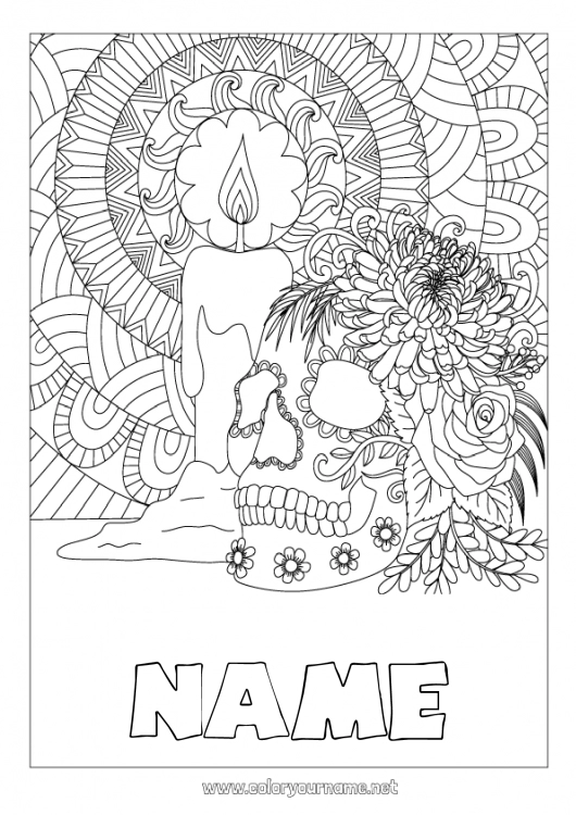 Coloring page to print Candle Skeleton Halloween Mandala Skull Día de los Muertos