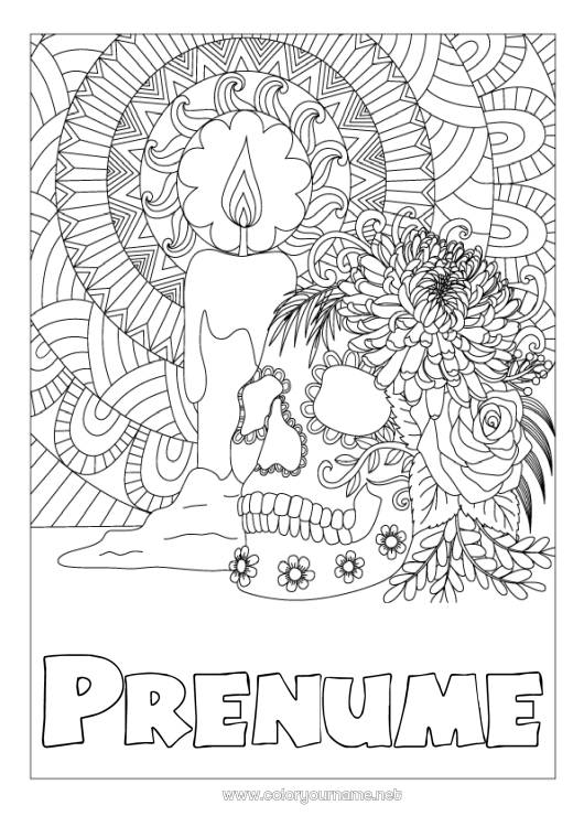 Pagină de colorat de imprimat Lumânare Schelet Halloween Mandala Cranium Ziua Morților