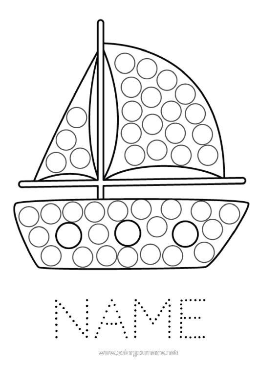 Colouring page to print Vehicles Children's Activities Boat Spot Markers Sailboat Easy Colouring Pages Marine Vehicles