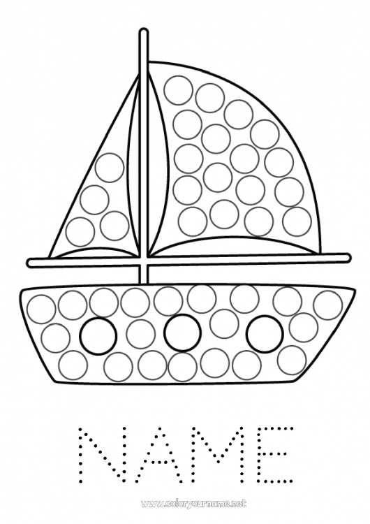 Coloring page to print Vehicles Children's activities Boat Dot markers Sailing boat Easy coloring pages Maritime vehicles