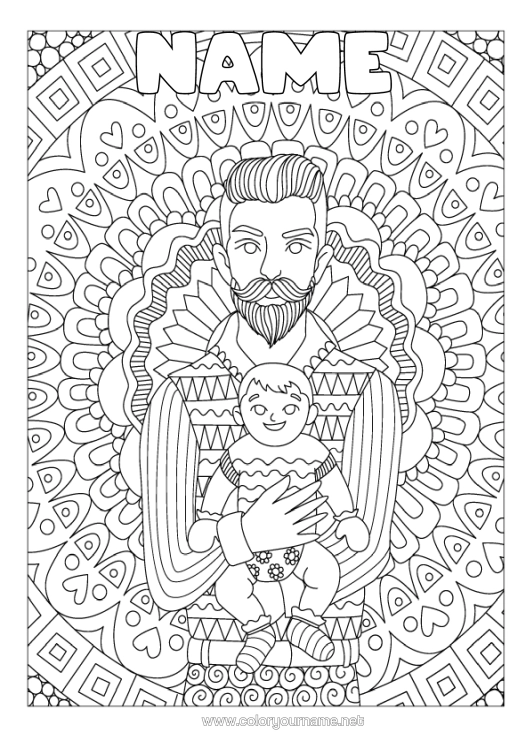 Colouring page to print Mandala Dad Happy Birthday I Love You. Complex Colouring Pages Baby