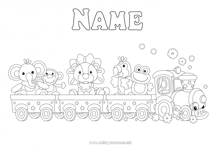 Coloring page to print Elephant Lion Vehicles Animal Monkey Parrot Train Locomotive Flying birds and mammals Wild animals of Africa Ground public transport