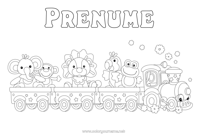 Pagină de colorat de imprimat Elefant Leu Vehicule Animal Maimuță Papagal Tren Locomotivă Păsări și mamifere zburătoare Animale sălbatice din Africa Transport public terestru