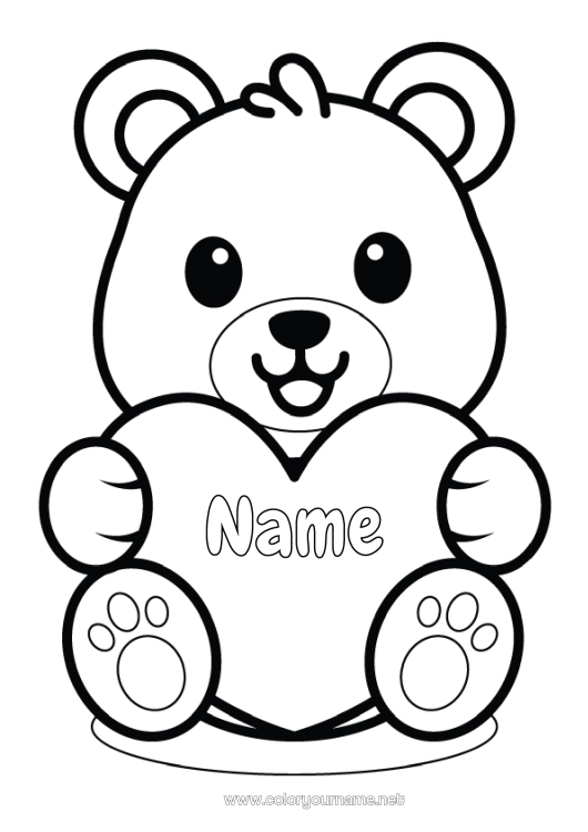 Coloring page to print Bear Cute Kawaii Teddy Bear Big heart Easy coloring pages Forest animals