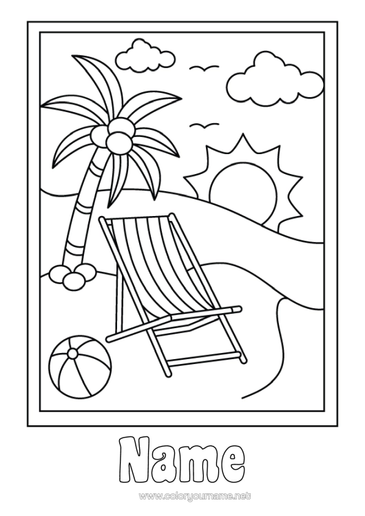 Colouring page to print Summer Beach Palm Tree Deck Chair Beach Ball Games And Toys