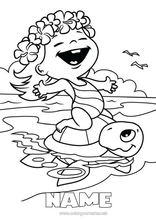Colouring page to print Girl Tortoise Summer Beach Sea Animal Marine Or Aquatic Animals Reptiles Hawaii Sea Turtle