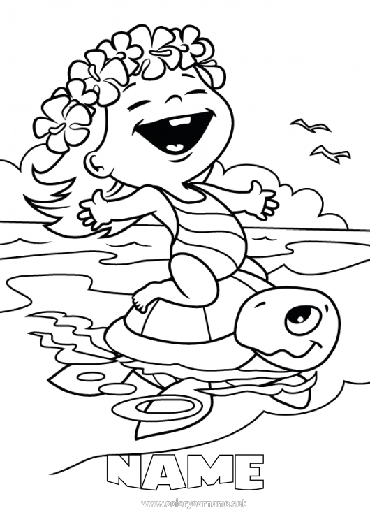 Coloring page to print Girl Turtle Summer Beach Sea Reptiles Hawaii