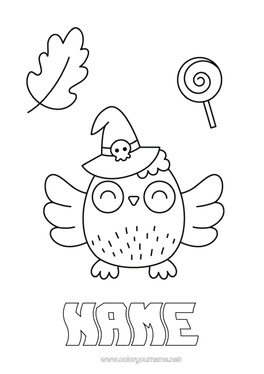 Colouring page to print Sweets Halloween Owl, Tawny Owl Treats, Sweets Birds And Flying Mammals Pacifier Wizard's Hat