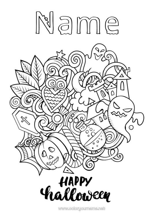 Colouring page to print Cemetery Ghost Pumpkin Magic Cauldron Halloween Sign-Up