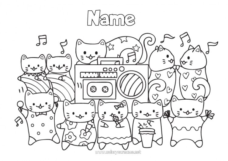 Coloring page to print Cat Kawaii Music Dog and cat World Music Day