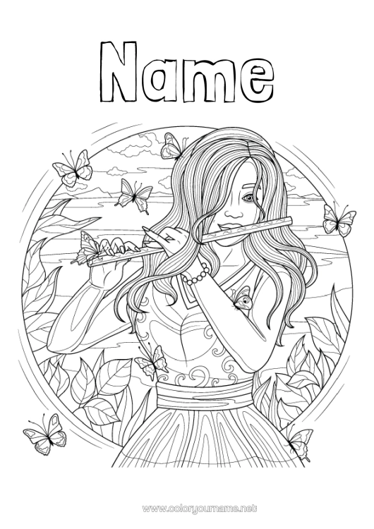 Colouring page to print Girl Butterfly Music Complex Colouring Pages Insects Music Day Musical Instruments Flute Musician Crafts.
