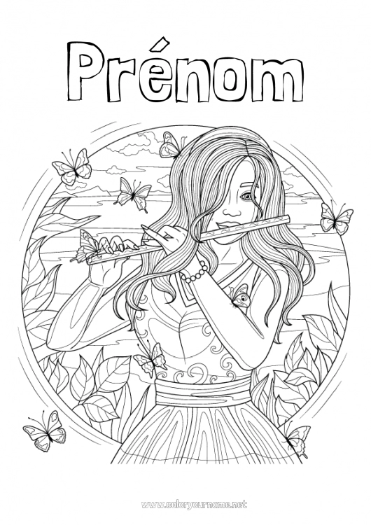 Coloriage à imprimer Fille Papillon Musique Coloriages complexes Insectes Fête de la musique Instruments de musique Flûte Musicien Métiers de l'art