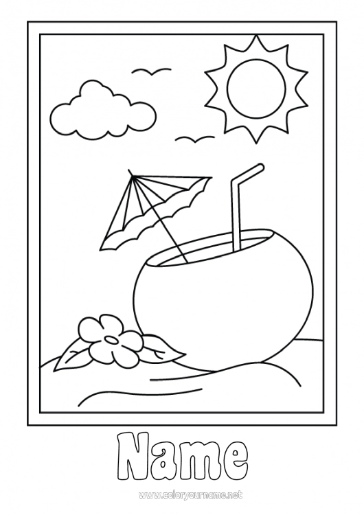 Coloring page to print Summer Fruits Drinks Parasol, Beach umbrella Cocktail Coconu