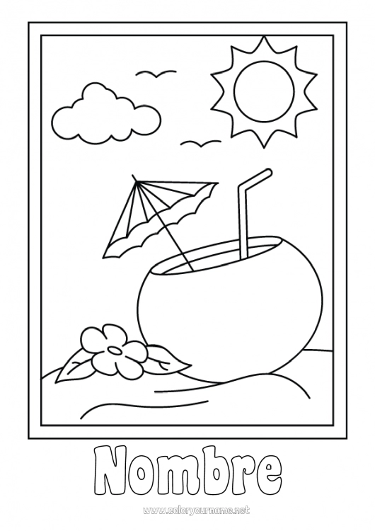 Dibujo para colorear para imprimir Verano Frutas Bebidas Parasol, sombrilla de playa Cócteles Coco