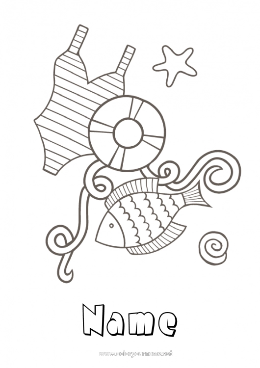 Coloring page to print Summer Beach Sea Fish Marine or aquatic animals Buoy Swimsuit