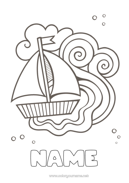 Colouring page to print Summer Vehicles Boat Sailboat Marine Vehicles Waves