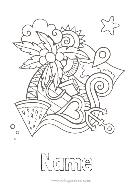 Colouring page to print Holidays Summer Palm Tree Symbols Marine Anchor