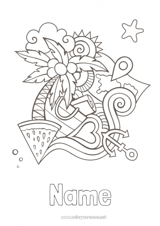 Coloring page to print Holidays Summer Palm Symbols Marine anchor