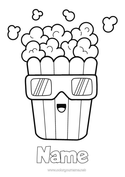 Colouring page to print Cinema Popcorn Treats, Sweets Easy Colouring Pages