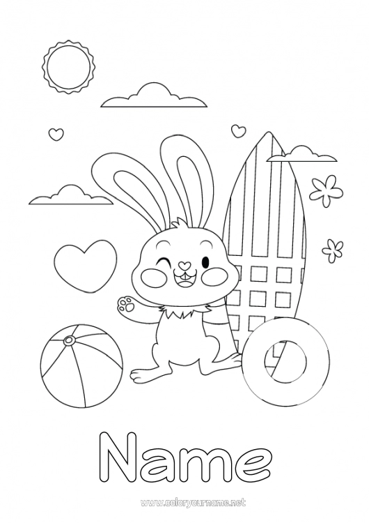 Coloring page to print Beach Bunny Animal Surf Forest animals Buoy Beach ball Games and toys Nautical sports