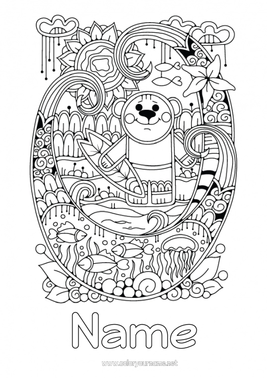 Coloring page to print Sport Mandala Summer Jellyfish Sea Animal Fish Complex coloring pages Surf Marine or aquatic animals Nautical sports