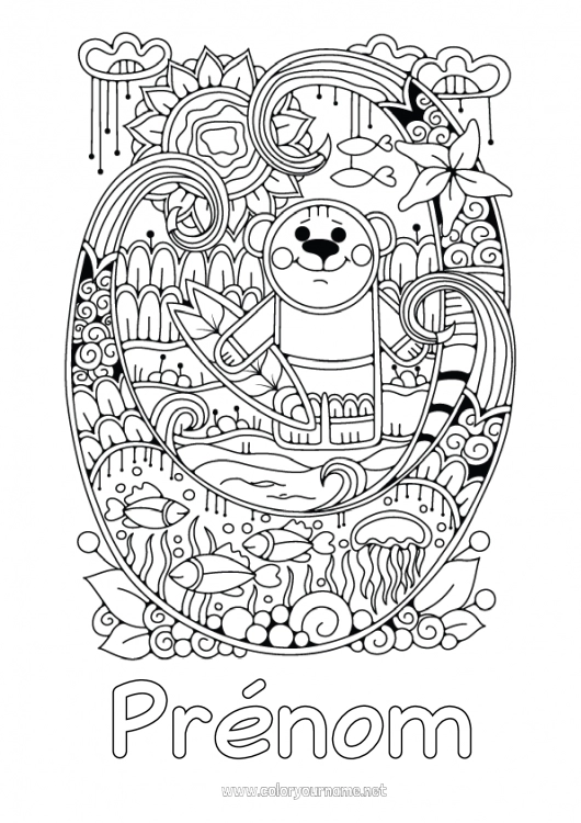 Coloriage à imprimer Sport Mandala Été Méduse Mer Animal Poisson Coloriages complexes Surf Animaux marins ou aquatique Sports nautiques