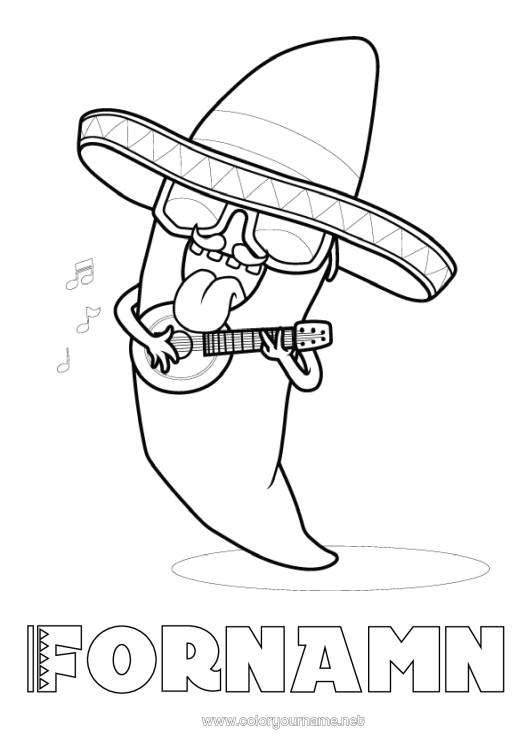 Färgläggningssida att skriva ut Musik Hatt Cinco de Mayo Musikens dag Gitarr Musikinstrumenter Sombrero