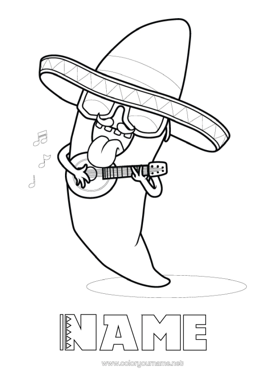 Colouring page to print Music Hat Fifth Of May Music Day Guitar Musical Instruments Sombrero Chilli