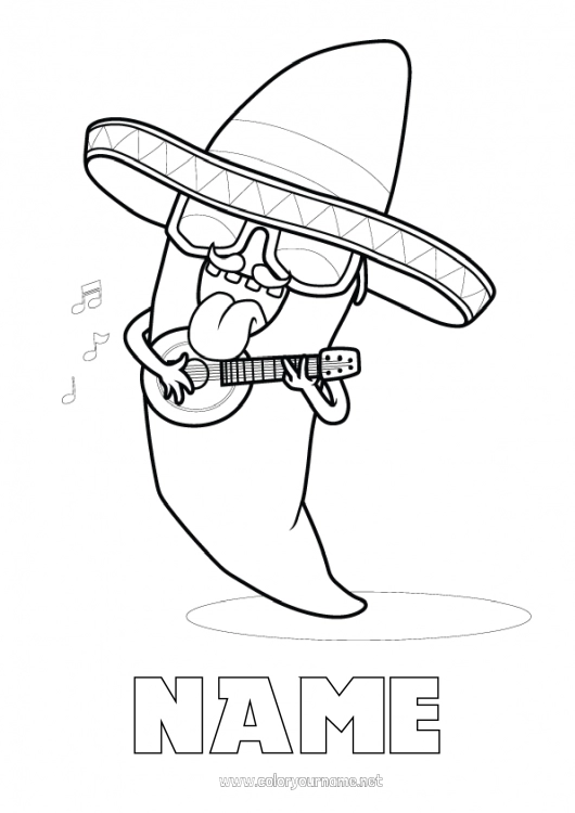 Coloring page to print Music Hat Cinco de Mayo World Music Day Guitar Musical instruments Sombrero