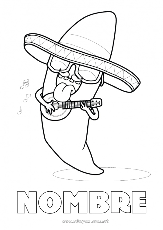 Dibujo para colorear para imprimir Música Sombrero Cinco de Mayo Día Mundial de la Música Guitarra Instrumentos de música Sombrero