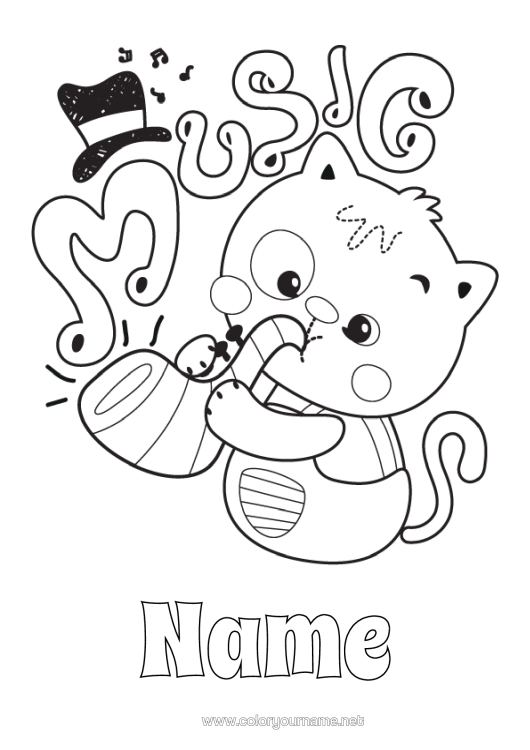 Colouring page to print Cat Animal Music Dogs And Cats Music Day Musical Instruments Saxophone