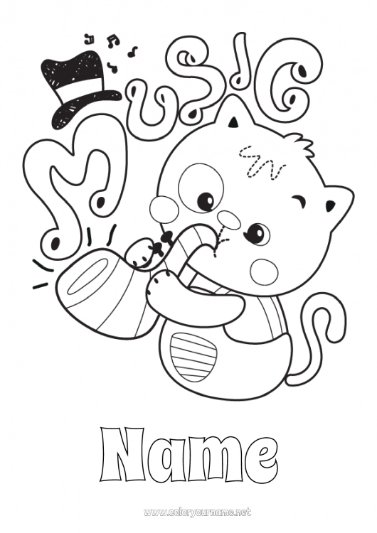 Coloring page to print Cat Music Dog and cat World Music Day Musical instruments Saxophone