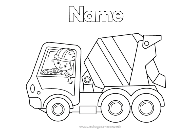 Colouring page to print Boy Vehicles Construction Equipment Concrete Mixer Truck Construction Trades