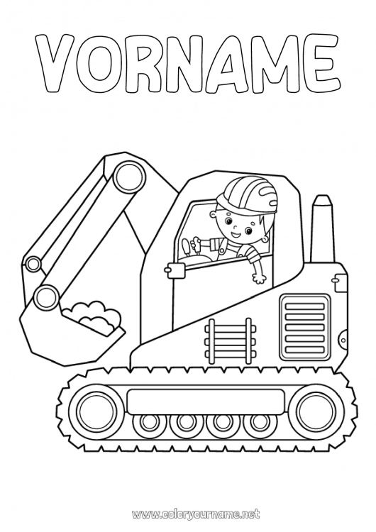 Malvorlage zum Ausdrucken Junge Fahrzeuge Bagger Bauausrüstung Baustellenberufe