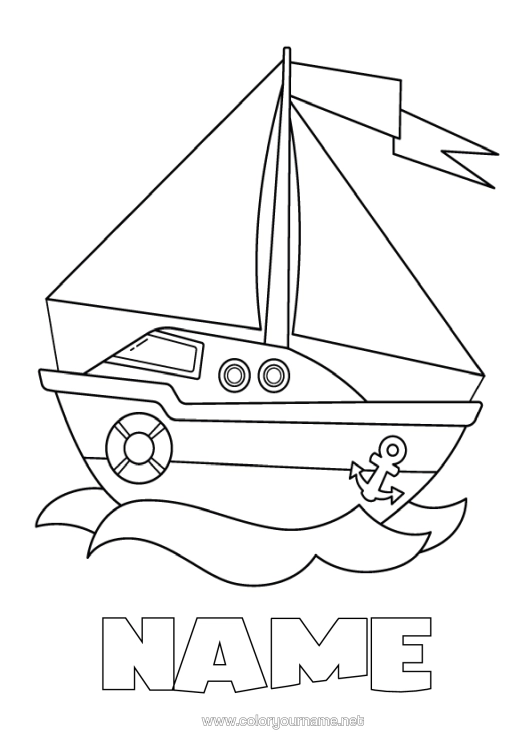 Colouring page to print Summer Sea Vehicles Boat Sailboat Marine Vehicles