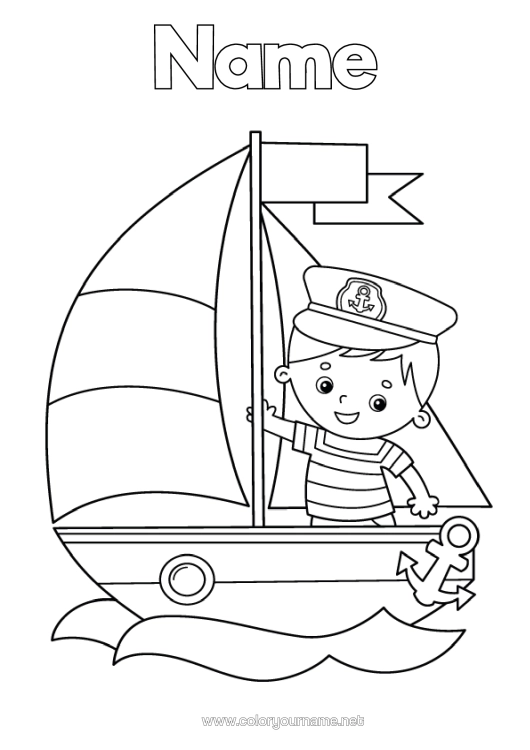 Colouring page to print Summer Sea Vehicles Boat Sailboat Sailor Marine Vehicles Fisherman Marine Occupations