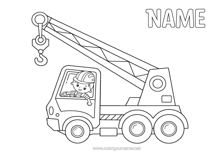 Colouring page to print Boy Vehicles Construction Equipment Lorry-Mounted Crane Construction Trades